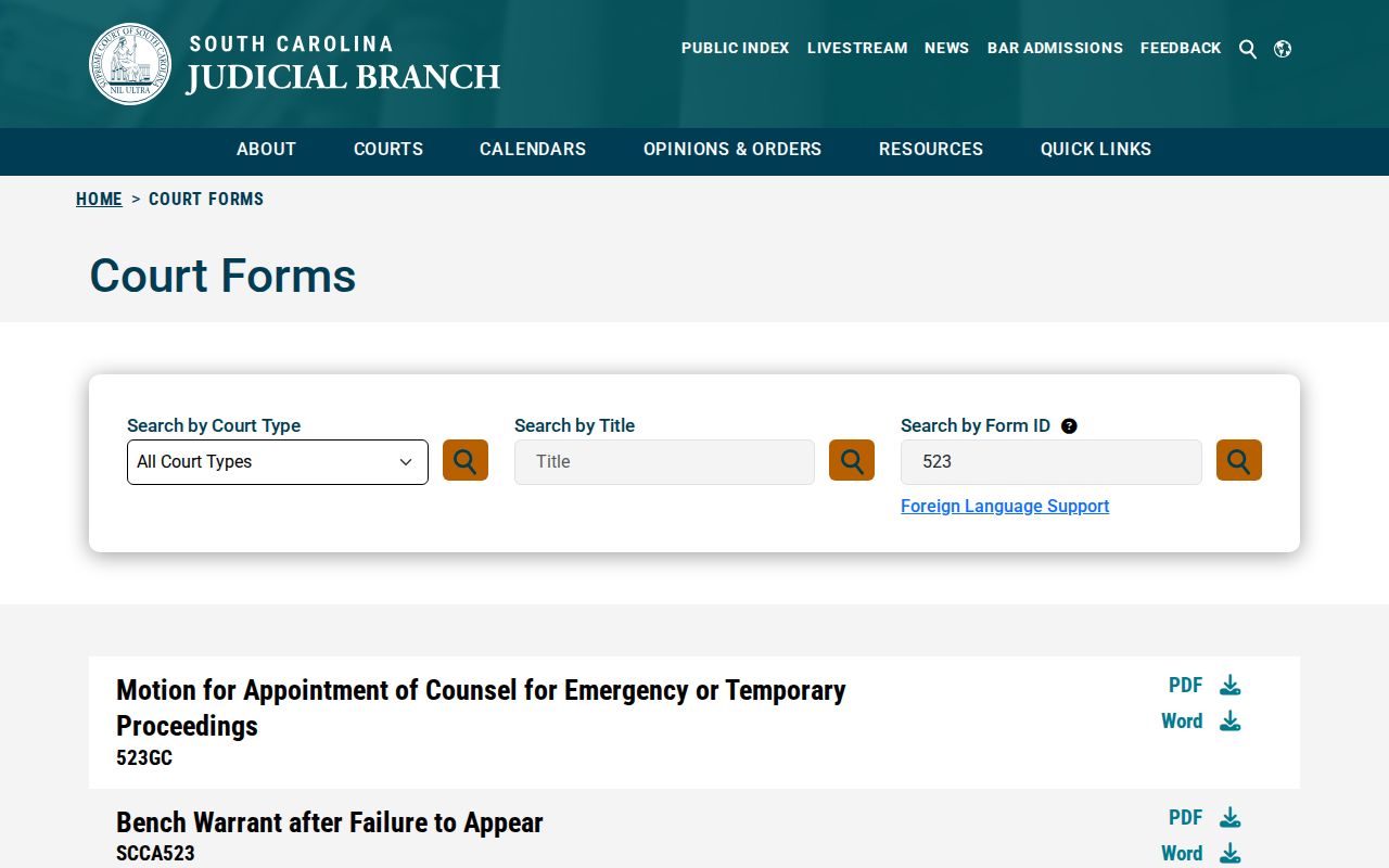 Orangeburg County bench warrant form reference, SCCA523