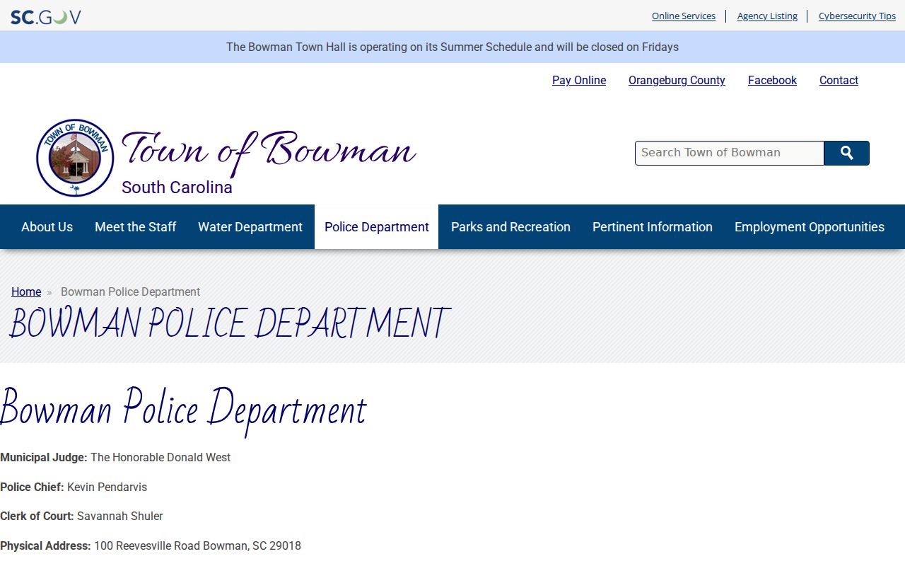 Bowman, South Carolina police and municipal service buildings for local warrant questions