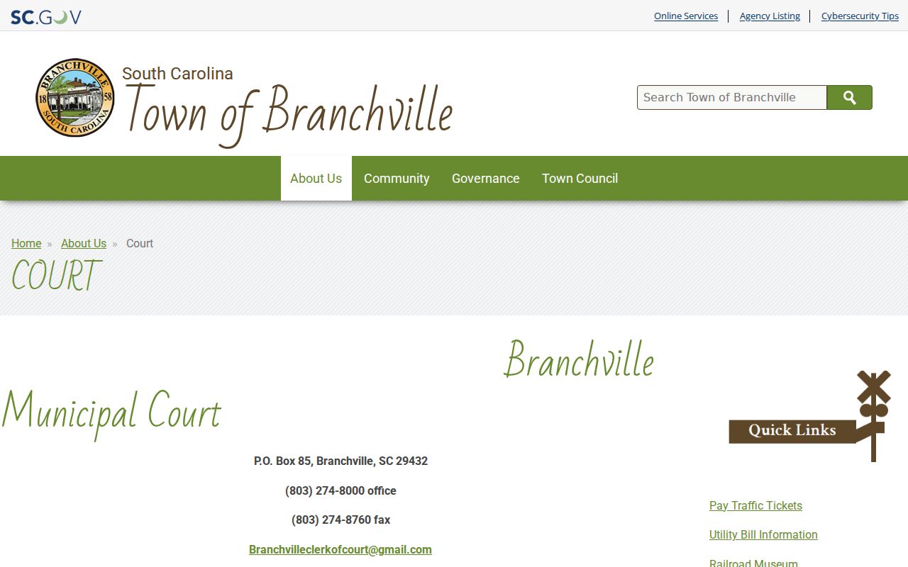 Branchville, South Carolina Municipal Court service location for local warrant and citation questions