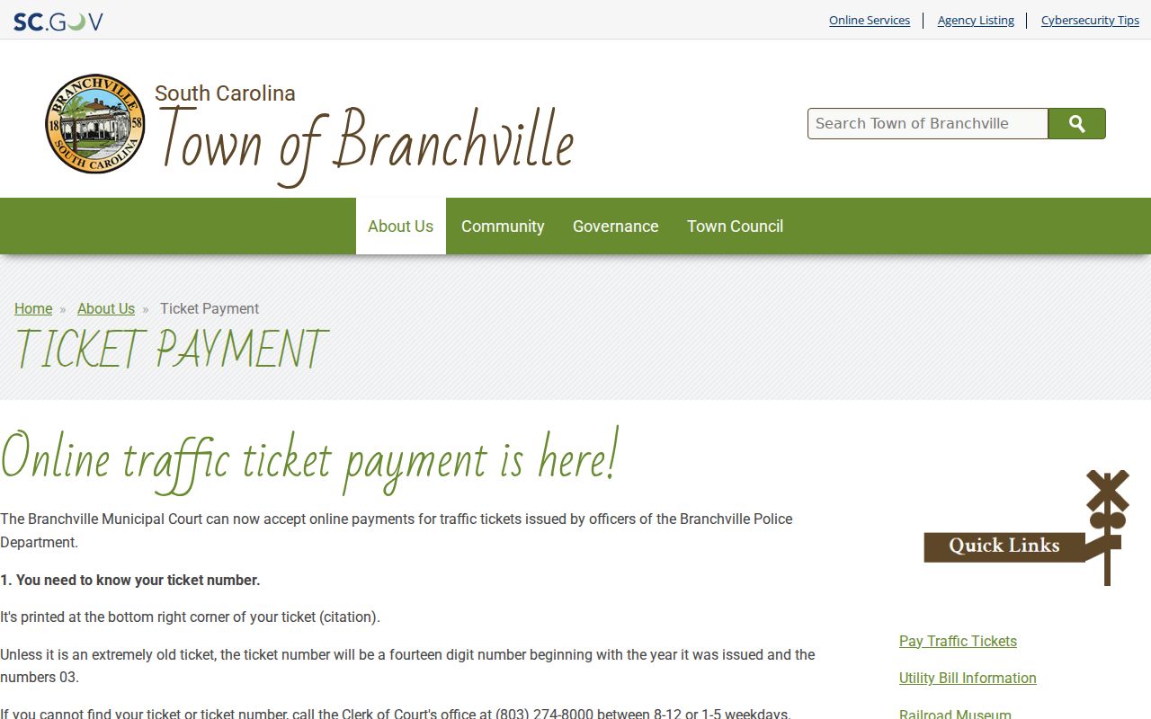 Branchville, South Carolina ticket payment fields used when checking a local warrant-related citation