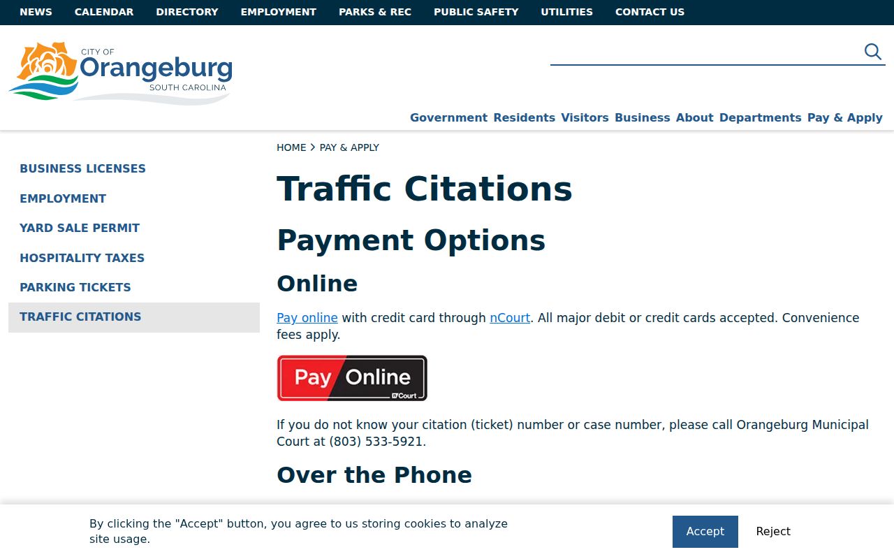 Orangeburg, South Carolina city traffic citation lookup route for warrant and ticket questions
