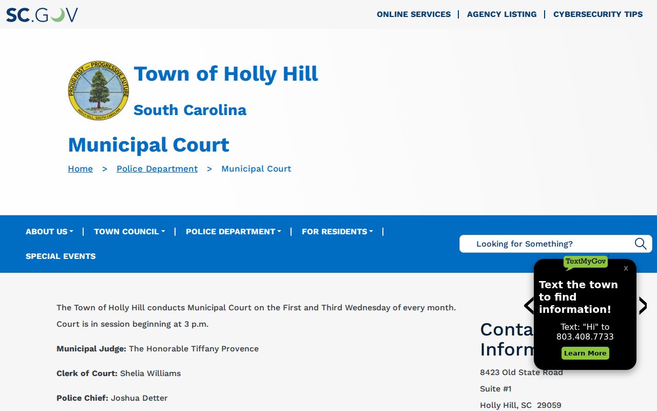 Holly Hill, South Carolina Municipal Court and police service location for local warrant questions