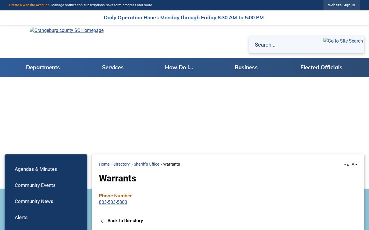 Orangeburg County Sheriff Warrant Division contact reference for county warrant records